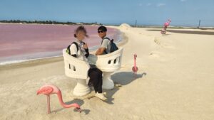 TYsama 1 Pinklake - メキシコのプライベートツアー | MCT ピンクレイクをバックに椅子に座っている