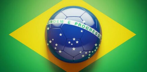 Blue soccer ball with stars and the Ordem e Progresso band on a green background with a yellow diamond (Brazil flag motif).